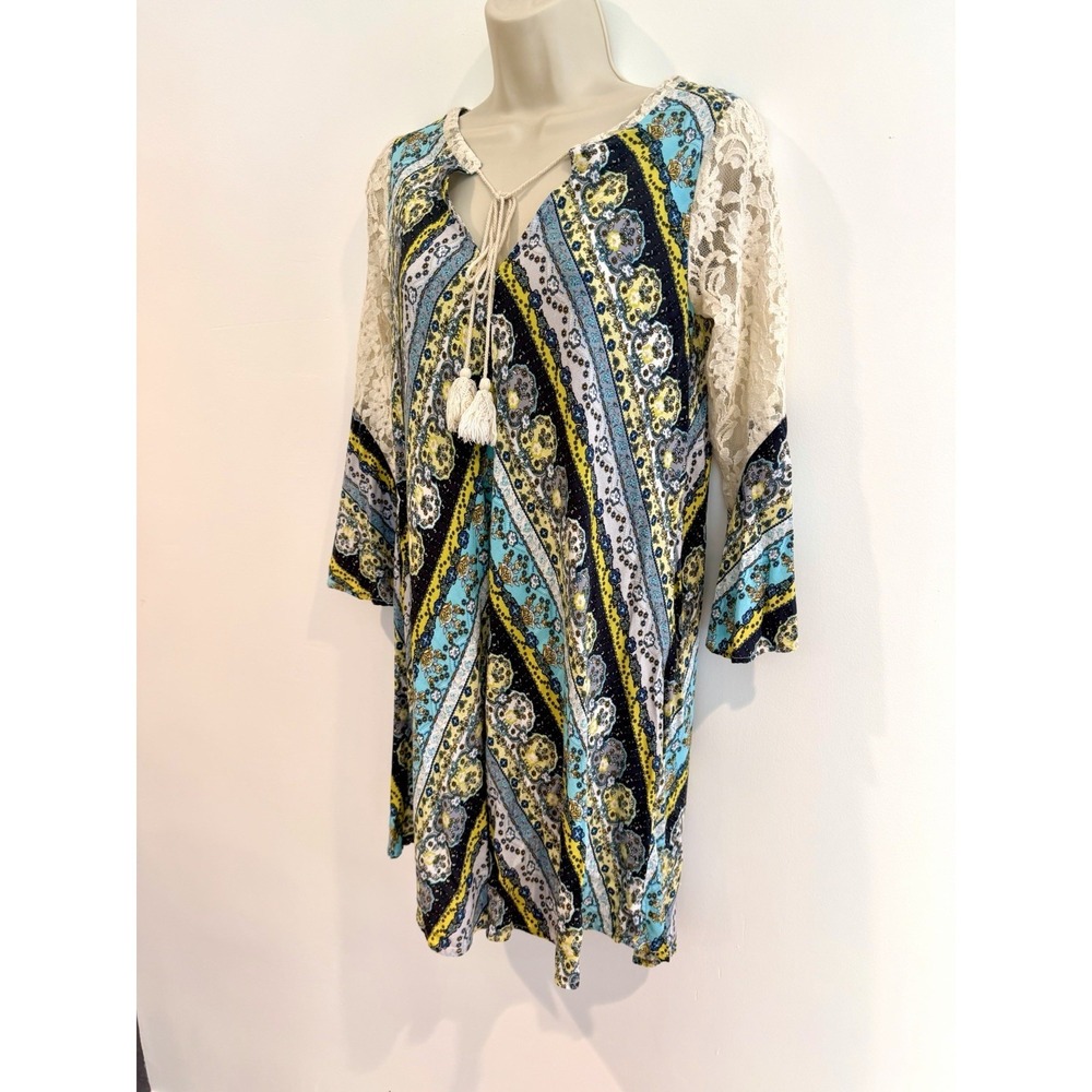 Umgee Tunic Mini Dress Sz S Babydoll Lace Bell Sleeve Blue Boho Peasant Flowy - Picture 3 of 8